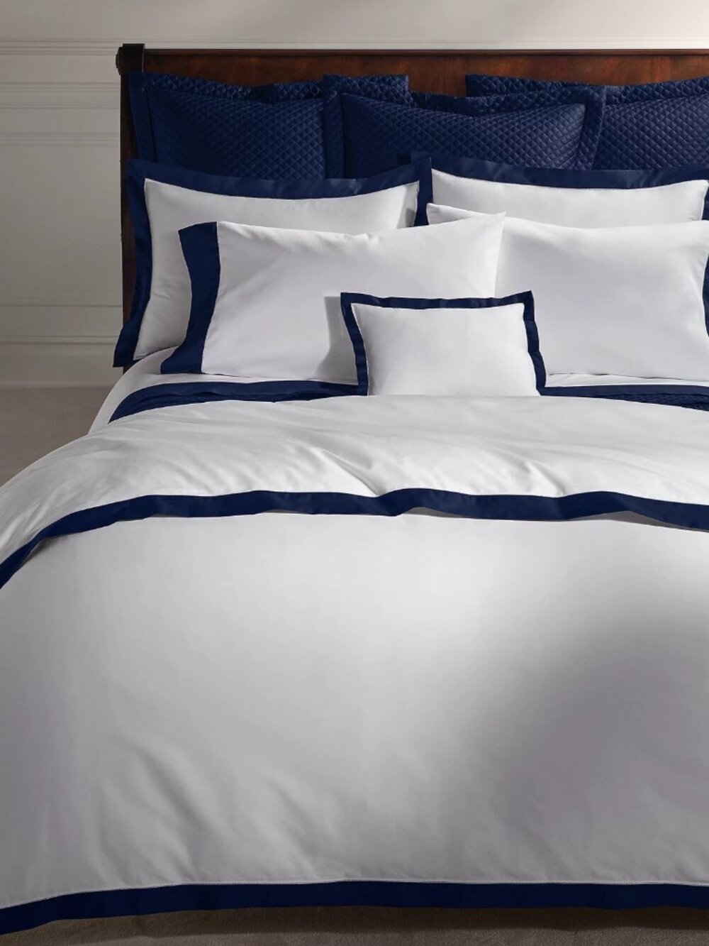 Ralph Lauren Full Queen Spencer Border Sateen 300TC White Navy Duvet Cover $335